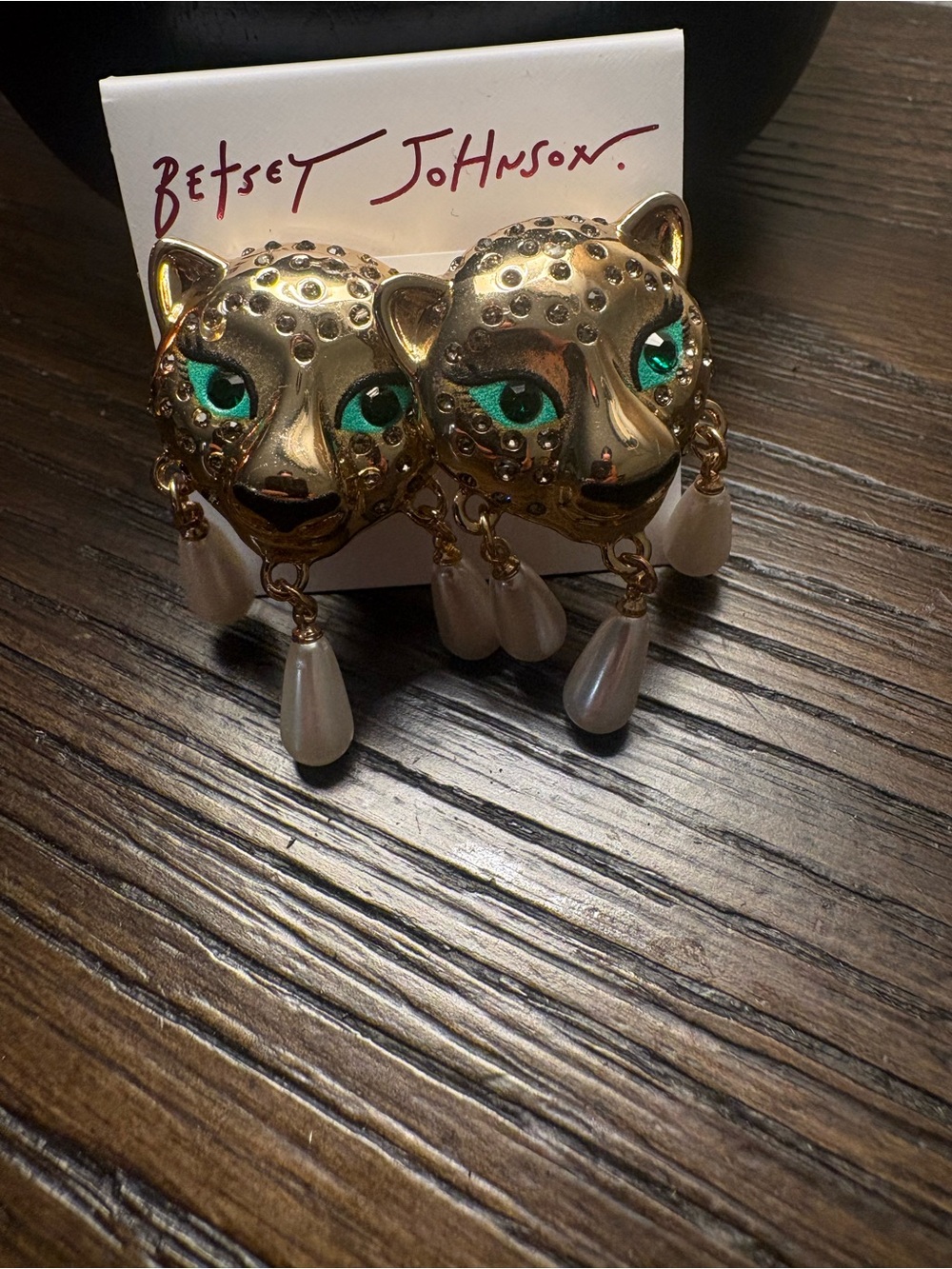 NEW Betsey Johnson gold leopard head drop earrings